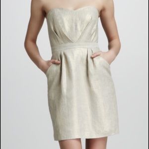 Shoshanna gold linen cocktail dress w/pockets
