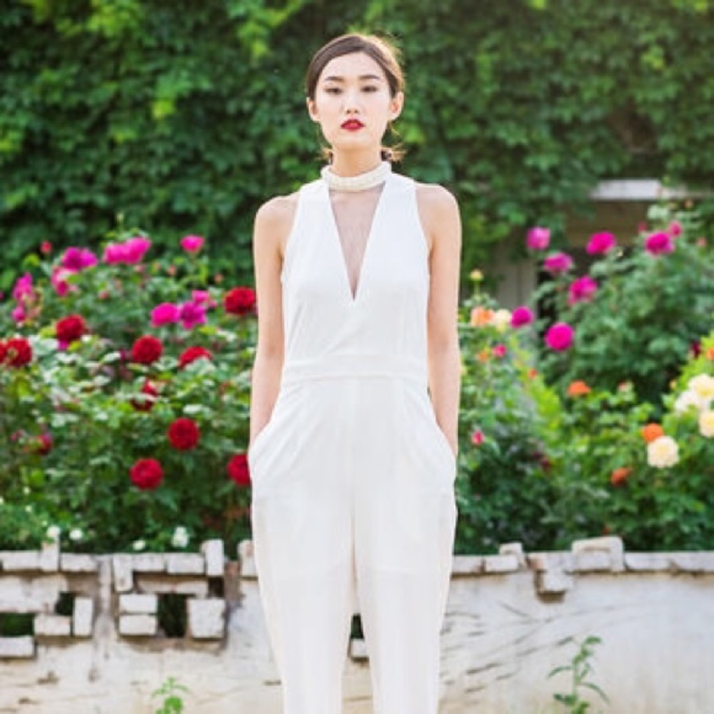 White Jumpsuit with Silver Beaded Neckline