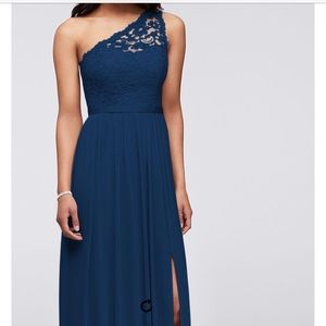Long one shoulder lace bridesmaids dress.
