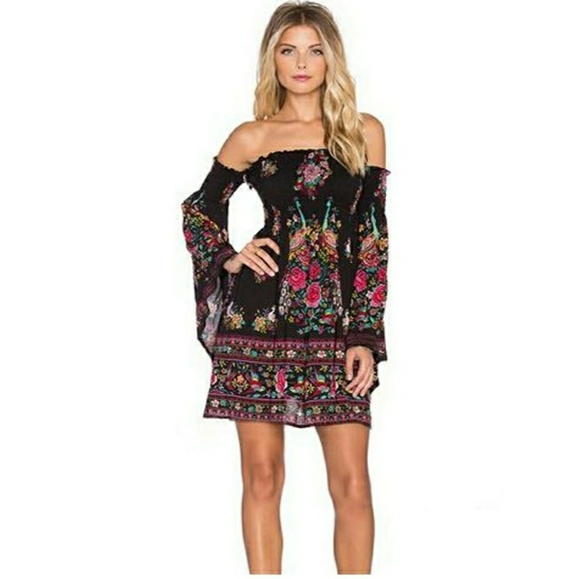 Off Shoulders Black Floral Dress - Picture 4 of 4