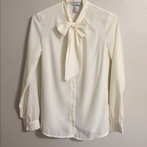 H&M sheer cream button up blouse with bow
