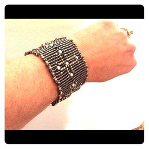 Handmade beaded black, gold & pearl cross  cuff
