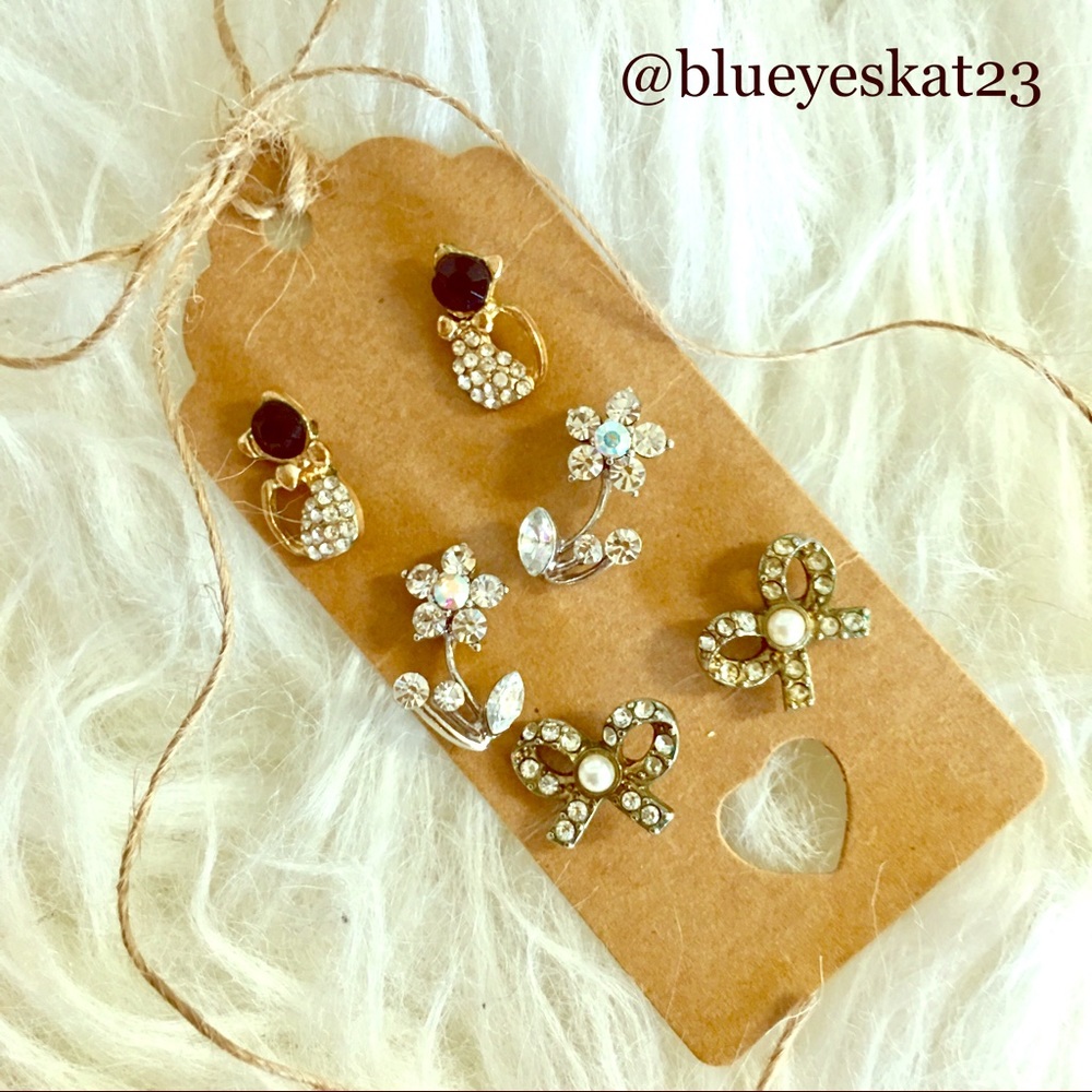 🛍HP! Crystal Cat-Flower-Bow 3-Earring Stud Bundle