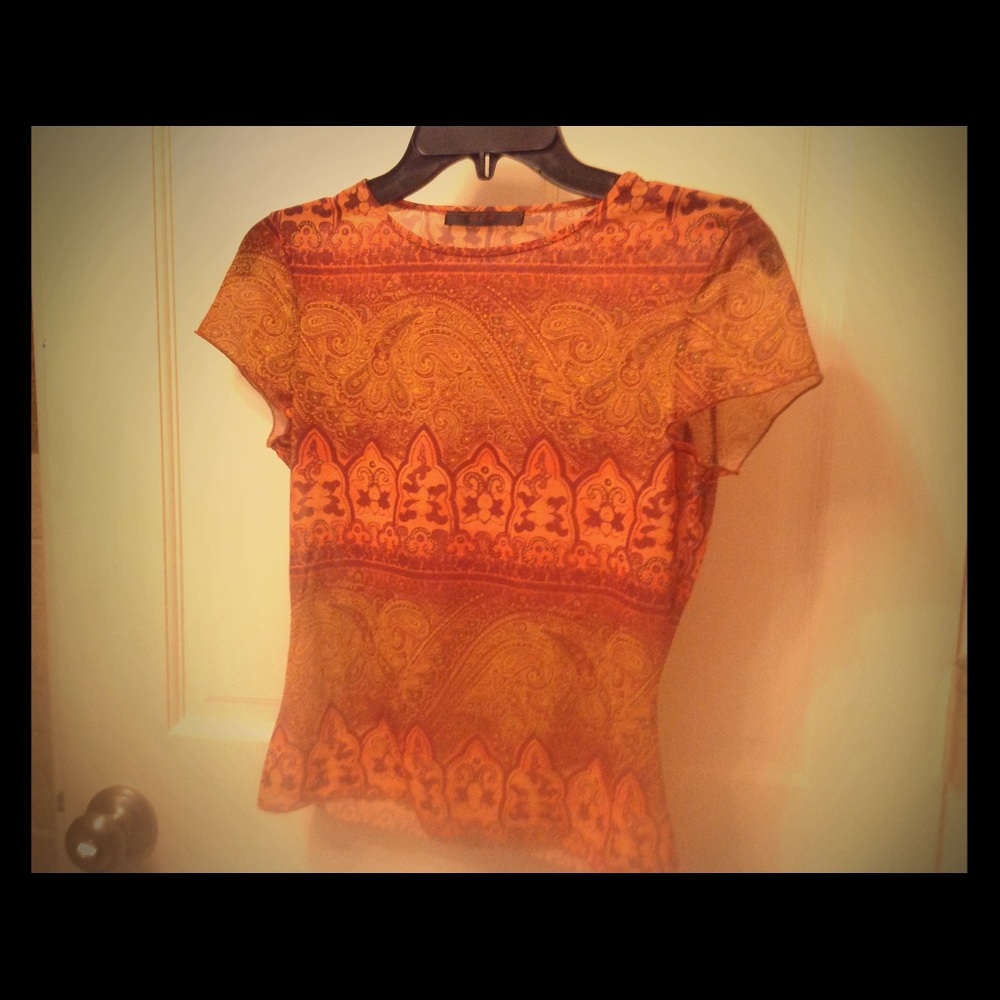 Sheer ethnic print cap sleeve top, Size XS