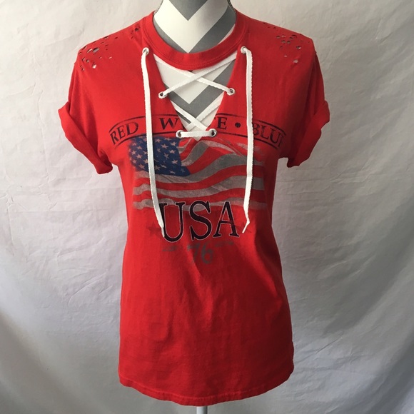 Tops - ⚙️⚙️Custom Design USA Lace Up Distressed Tee