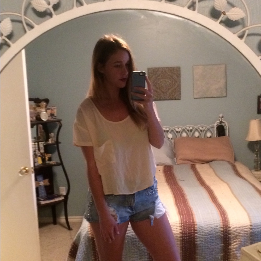 BCBG chiffon beige pocket tee.