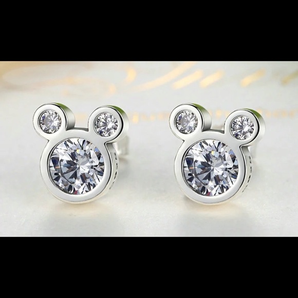 MOUSE CZ SPARKLING EARRINGS 925 STERLING SILVER - Picture 2 of 3