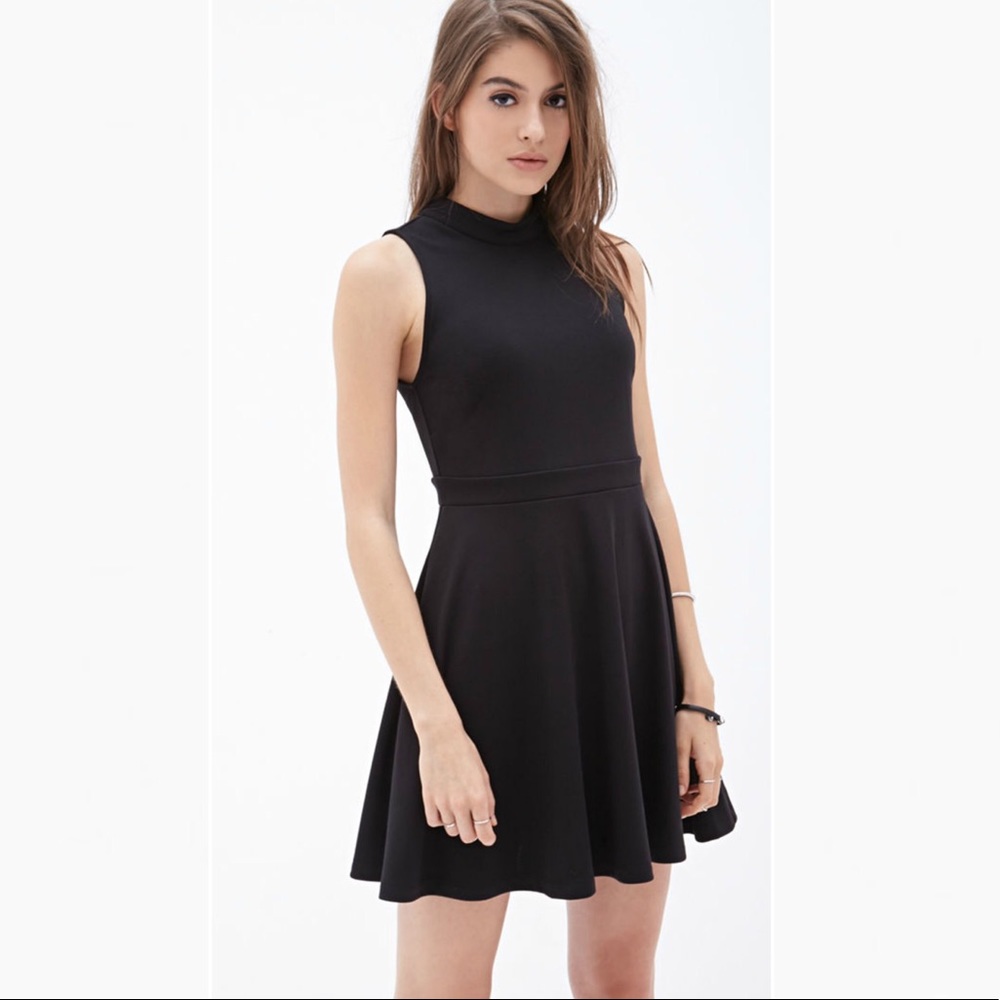 Mock Neck Retro Skater Dress Black