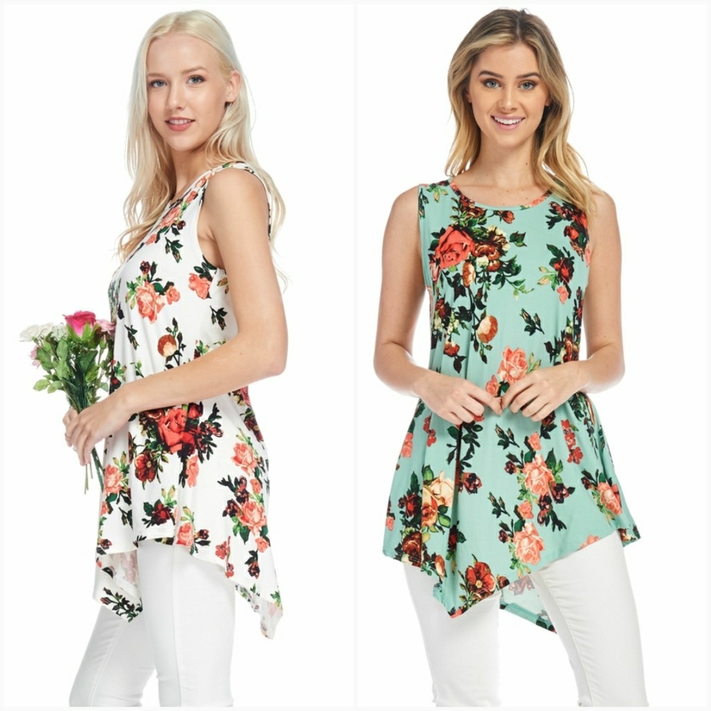 Sleeveless Floral Sharkbite Tank Tunic-Mint - Picture 4 of 7