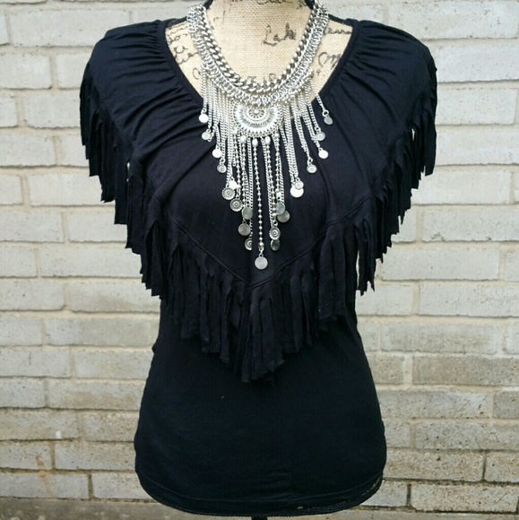 ru apparel Tops - RU Apparel Funky Black Fringe Vneck Tee Medium