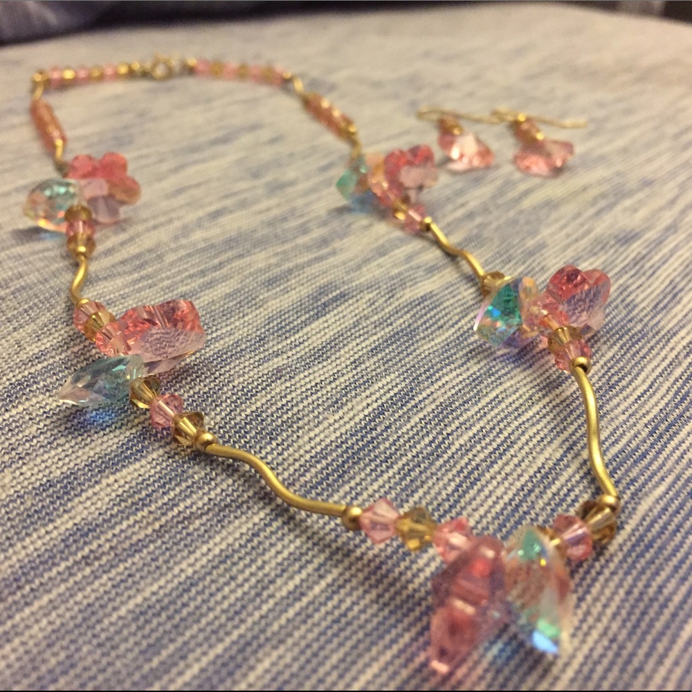 10k Gold/Pink Swarovski Crystal Necklace/Earrings