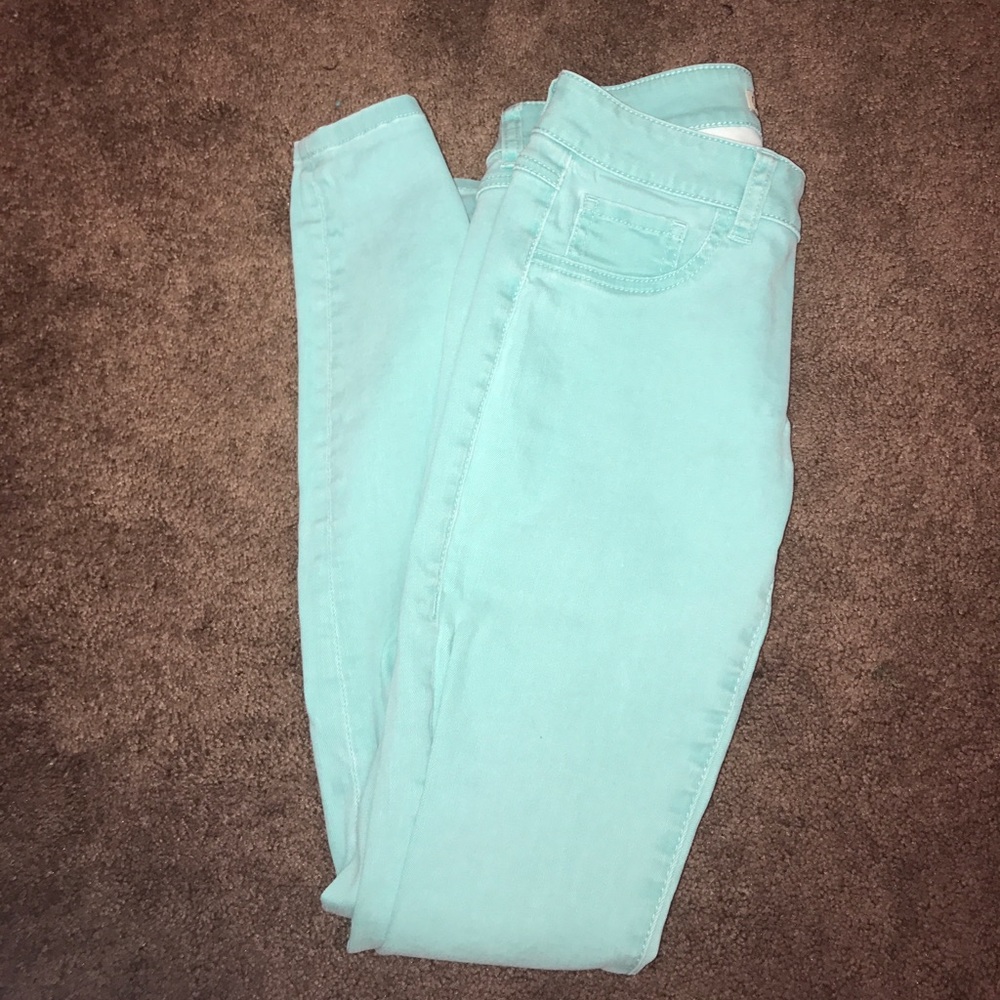 Mint colored soft skinny jeans