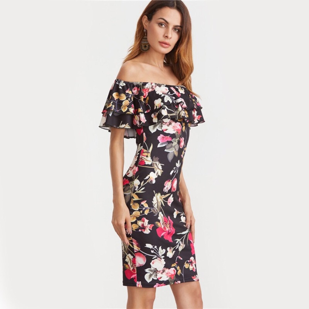 🌹Flounce Layered Neckline Floral Dress🌹 - Picture 4 of 6