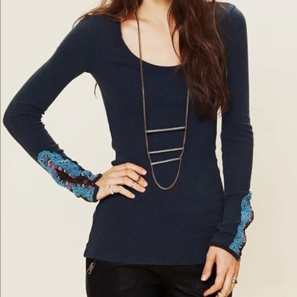 Free People Thermal Navy Embroidered cuff Small