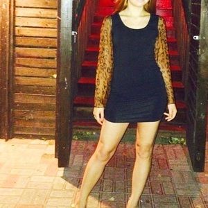 Black mini dress with leopard sleeves
