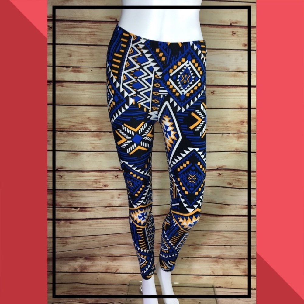 Blue and gold Aztec print leggings