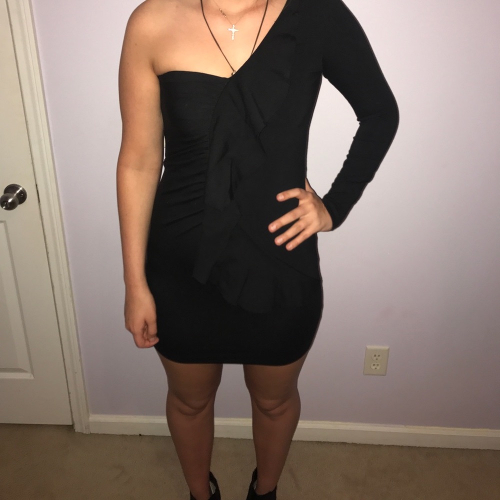 Black one arm ruffle Parker dress