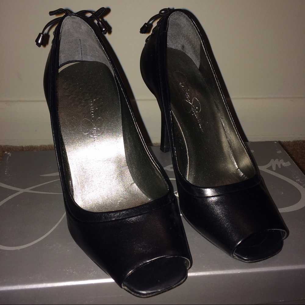 Jessica Simpson Black Corset Lace Leather Peep Toe