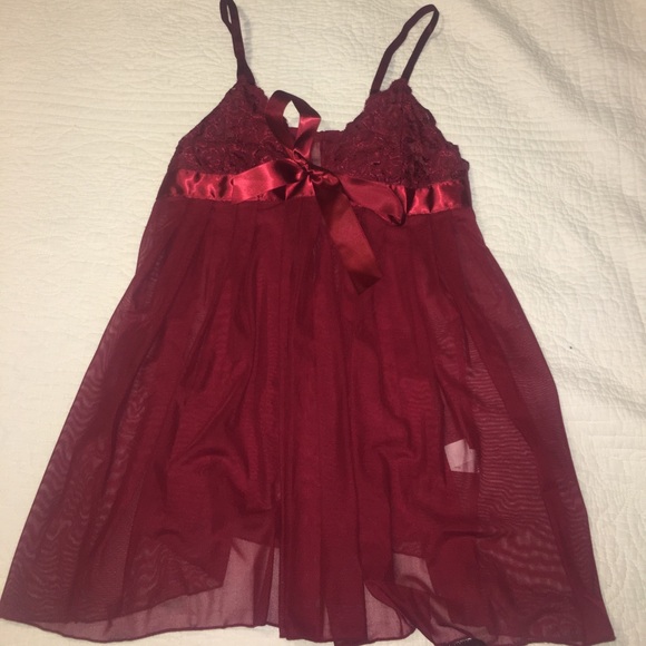 Maroon lacy nighty with matching thong panties - Picture 2 of 6