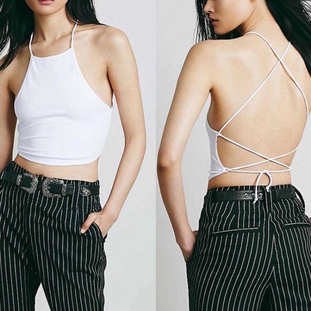 White cross strappy back halter tank top