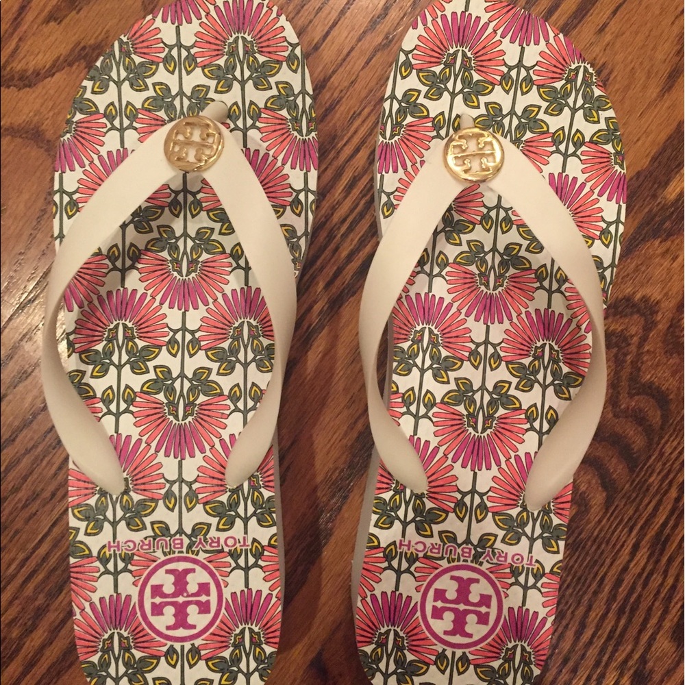 RARE Tory Burch White/Pink Wedge flip flop size 7
