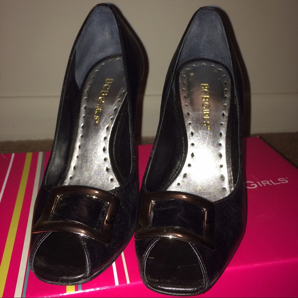 BCBGirls Black Leather Peep Toe Heels-Sz 5