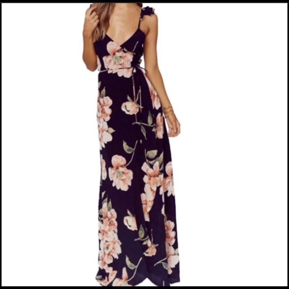 BLOOM Boho Maxi Dress - Black with Floral Print