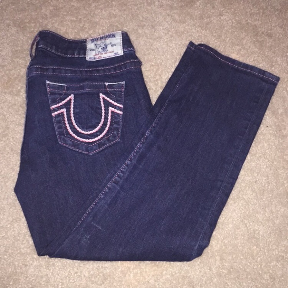 pink stitch true religion capris