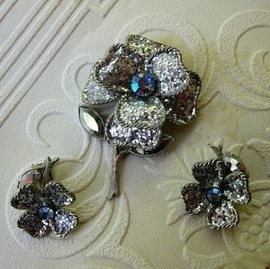 Vintage BLING Silver and AB Floral Set