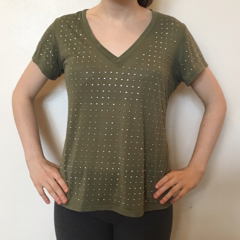 Nordstrom army green studded v neck top