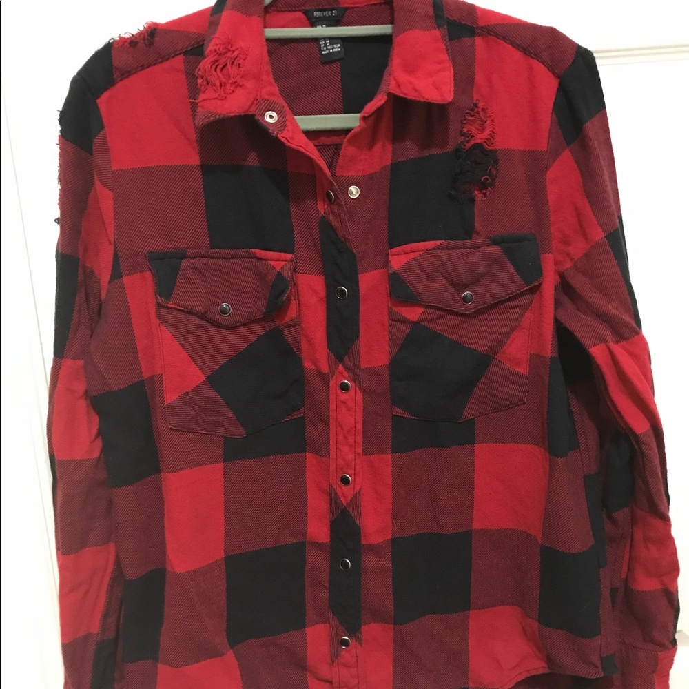 Forever21 Distressed Gingham Shirt Red Plaid M