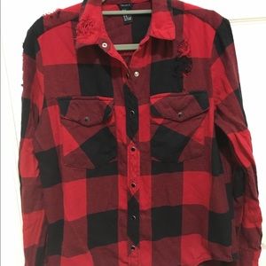 Forever21 Distressed Gingham Shirt Red Plaid M