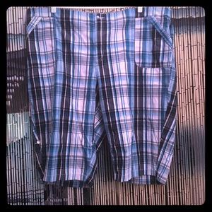 Turquoise, black plaid Bermuda shorts w/rhinestone