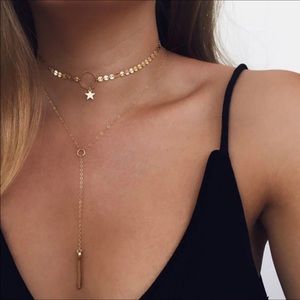 Sequin gold star tassel double choker necklace
