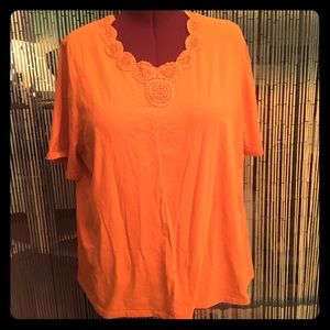 Orange Tshirt with crochet collar and beading