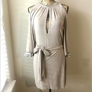Bebe Shimmer Dress in Nude