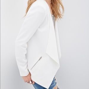Collarless Draped-front white blazer