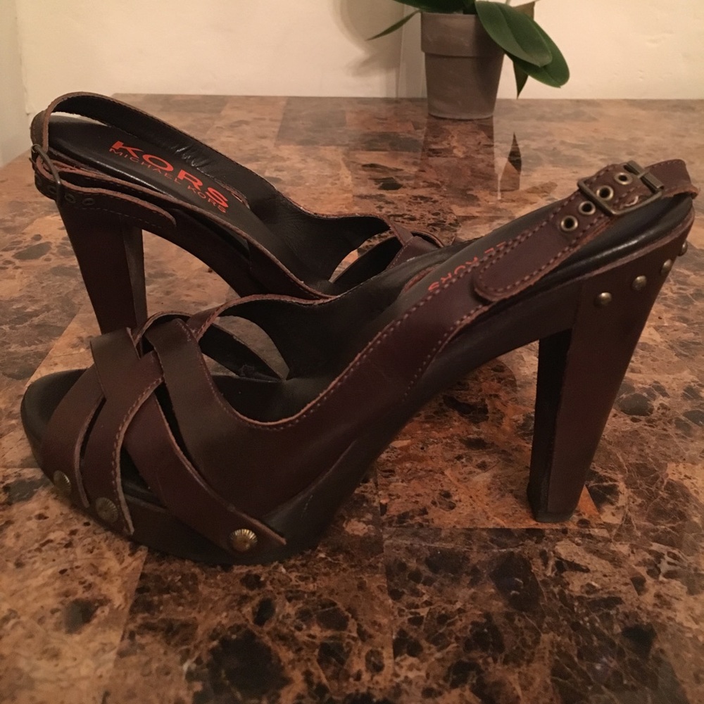 KORS by Michael Kors brown leather peep toe heels
