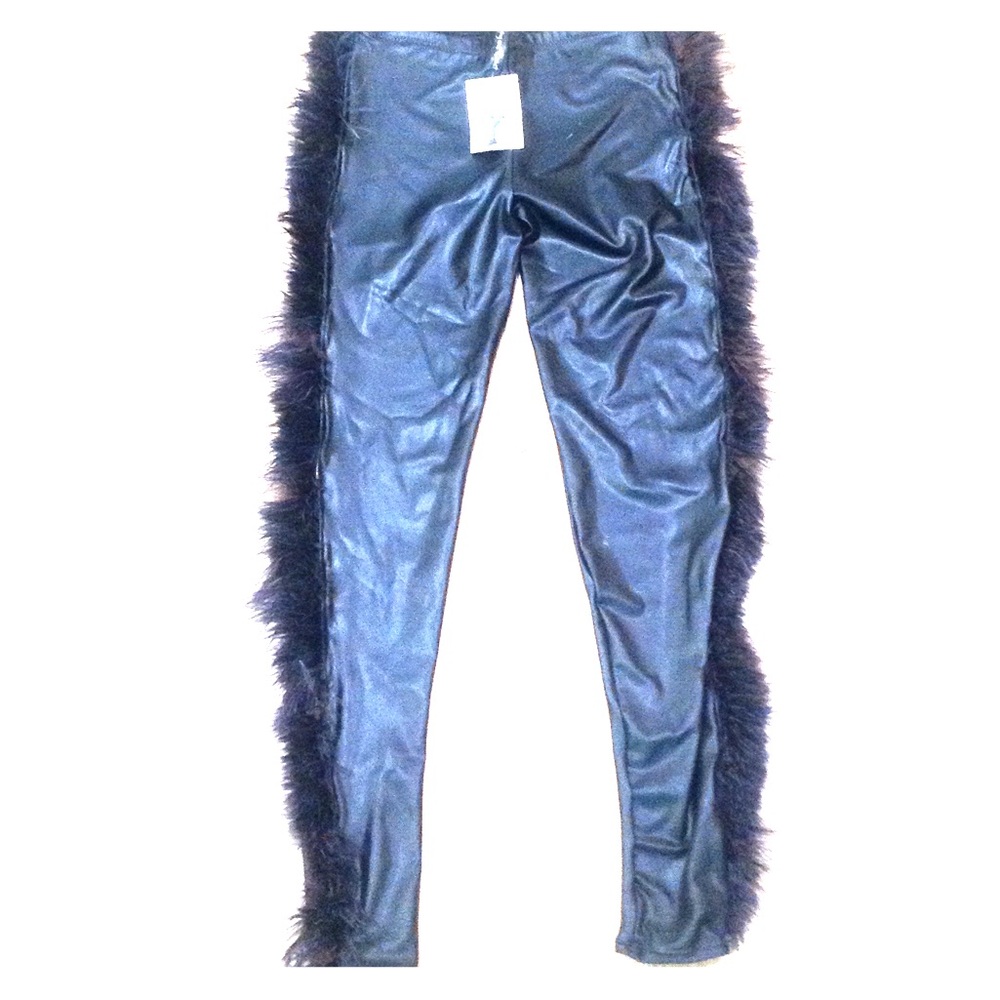 Pleather tights with faux fur on sides