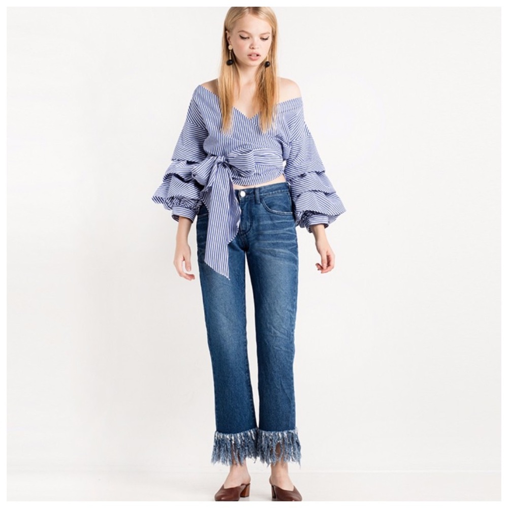 Blue & White Stripe Puff Sleeve Wrap Top D40 - Picture 2 of 5