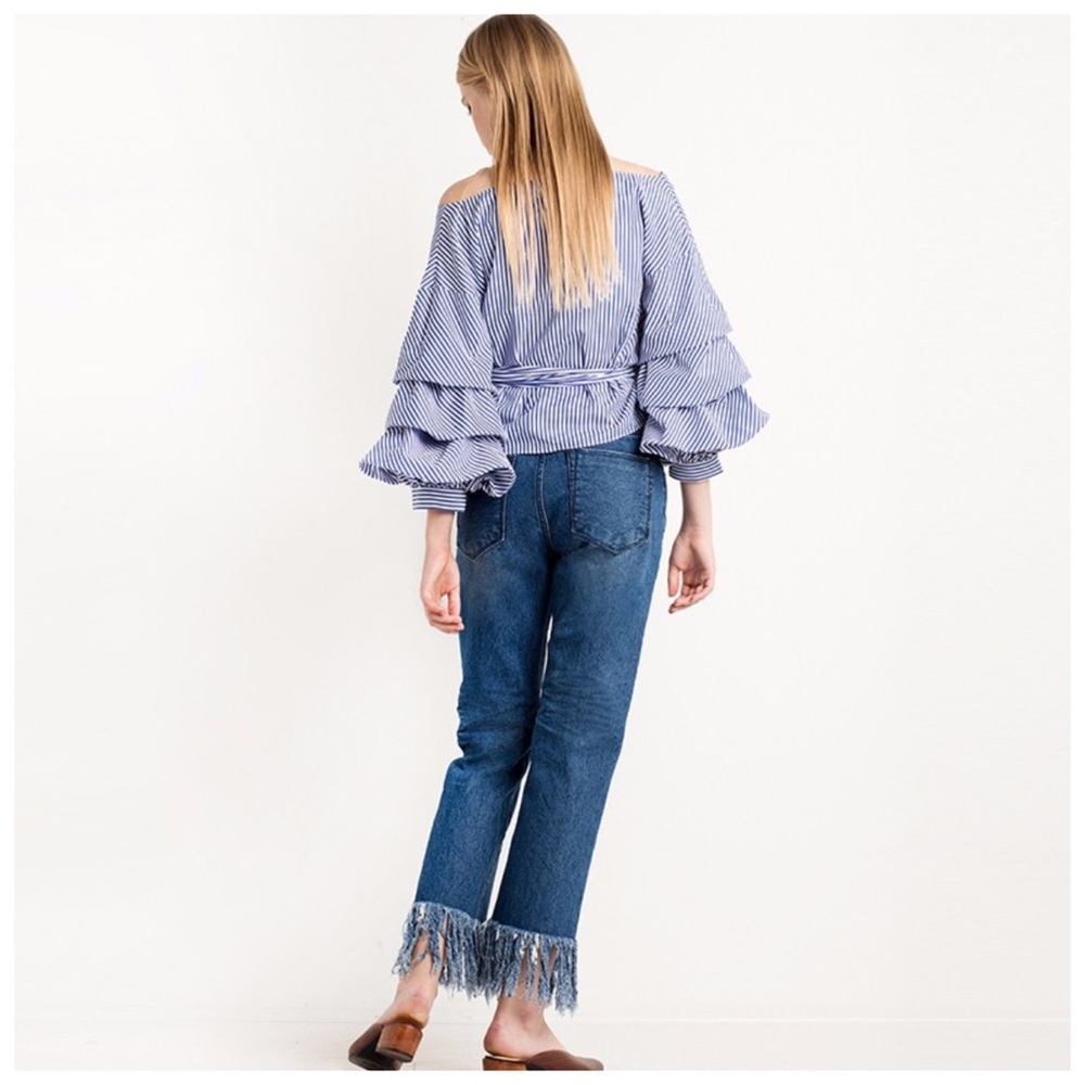Blue & White Stripe Puff Sleeve Wrap Top D40 - Picture 5 of 5