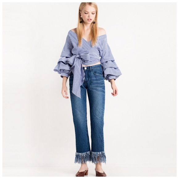 Blue & White Stripe Puff Sleeve Wrap Top D40 - Picture 2 of 5