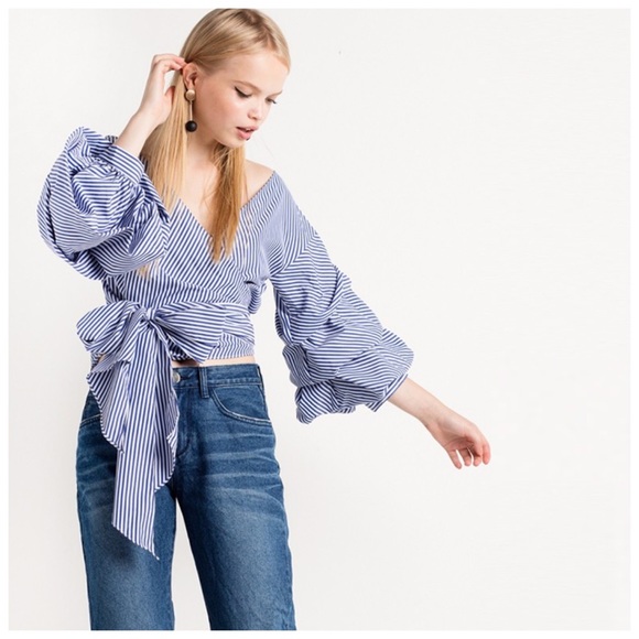 Blue & White Stripe Puff Sleeve Wrap Top D40 - Picture 3 of 5