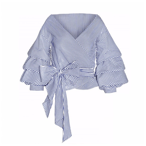 Blue & White Stripe Puff Sleeve Wrap Top D40 - Picture 4 of 5