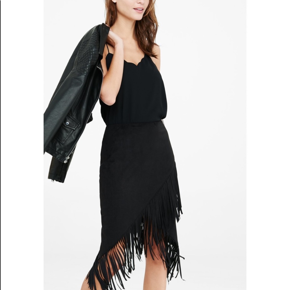 Express black faux suede fringe pencil skirt