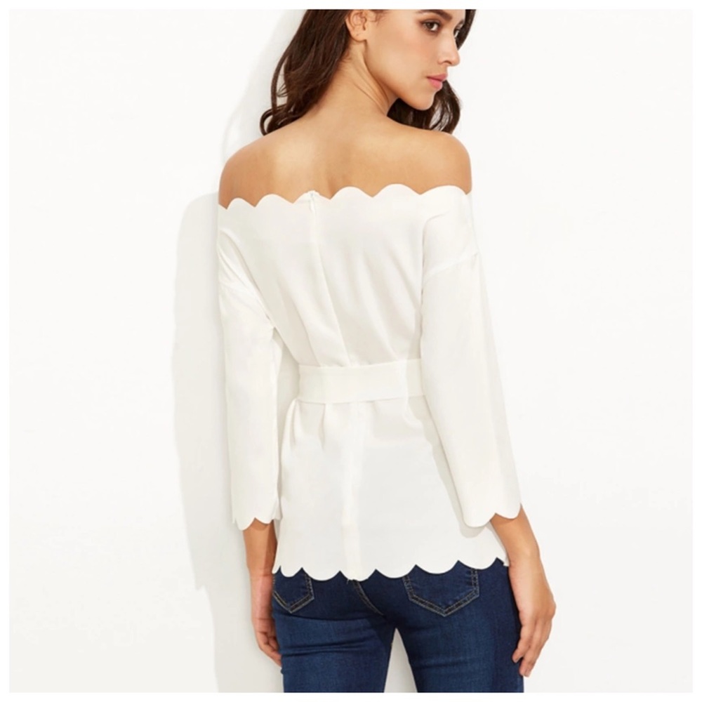 White Scalloped Trim Belted Tie Top D40 - Picture 3 of 4