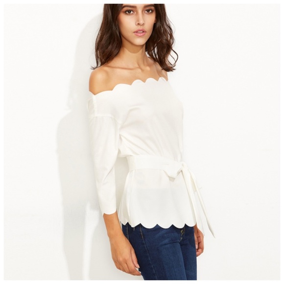 White Scalloped Trim Belted Tie Top D40 - Picture 2 of 4