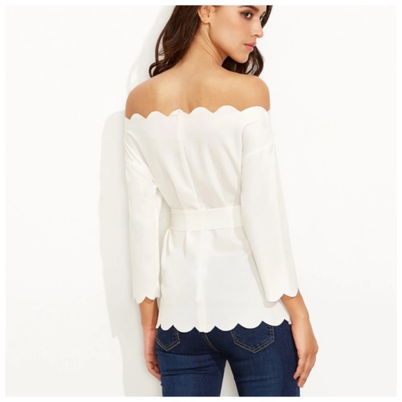 White Scalloped Trim Belted Tie Top D40 - Picture 3 of 4