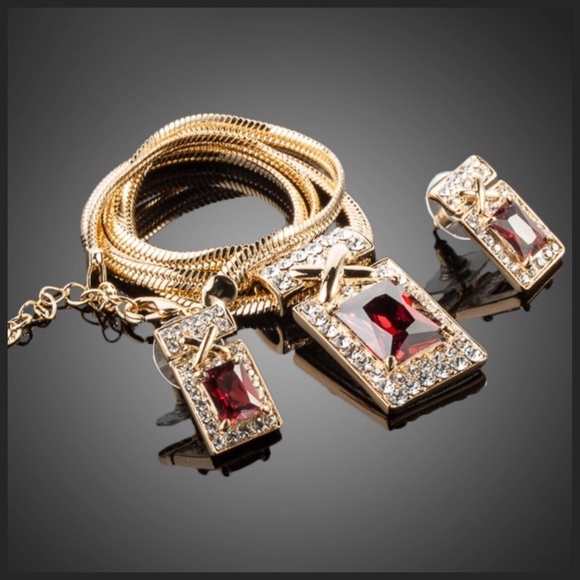 Swarovski Crystals Garnet Red Necklace Set DF101 - Picture 2 of 3