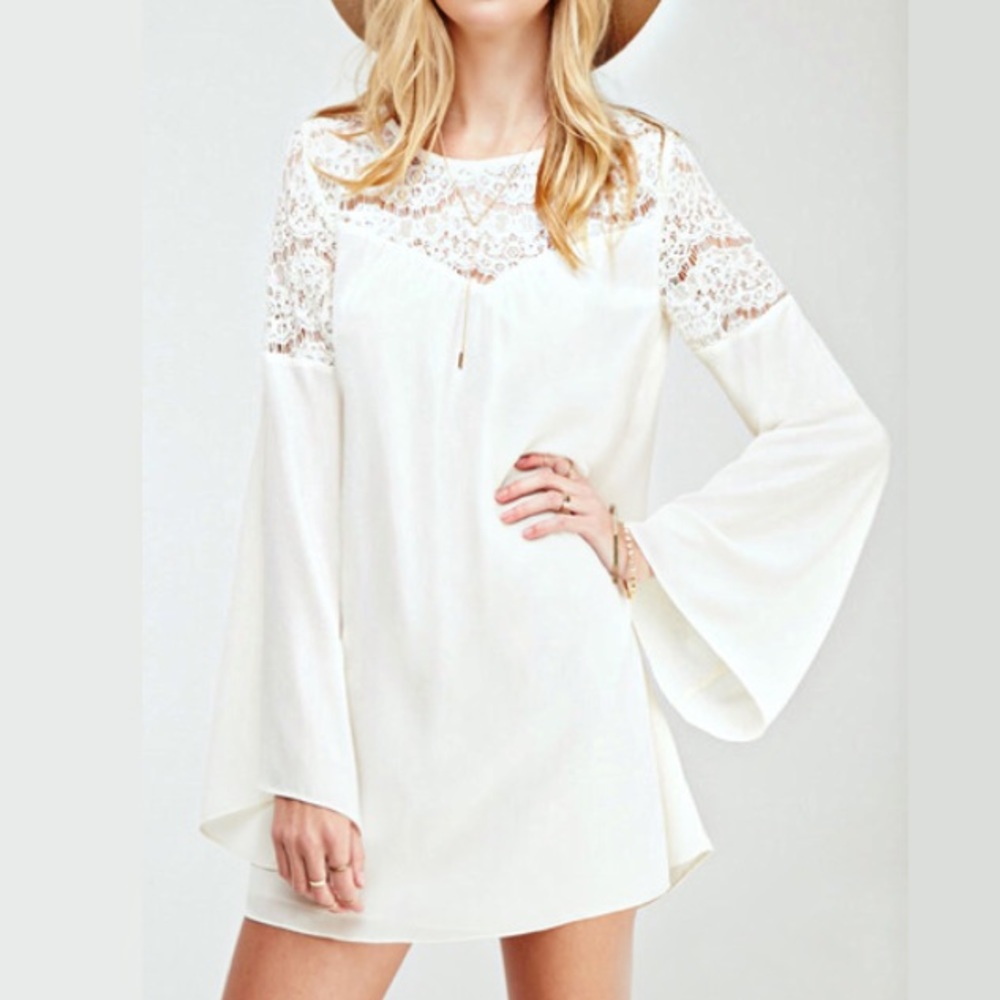 Lace Bell Sleeve Mini DRESS White Babydoll White
